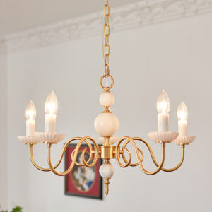 Retro French Vintage Milk Glass Copper Chandelier