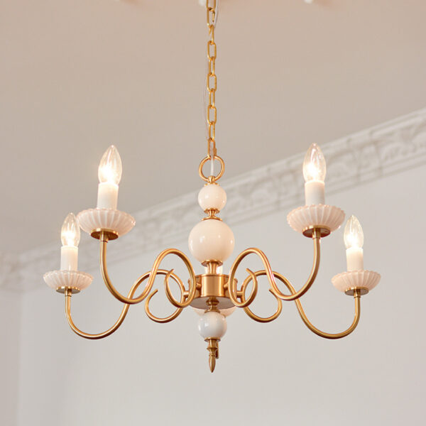 Retro French Vintage Milk Glass Copper Chandelier